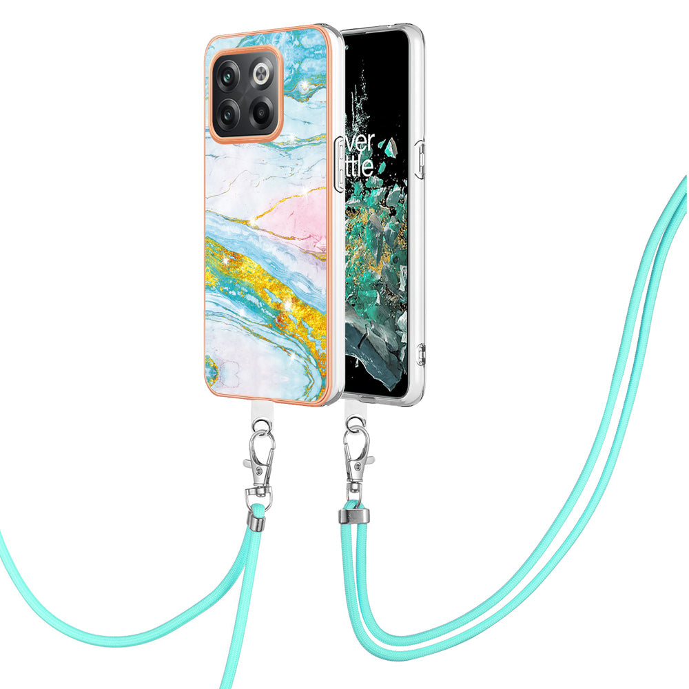 For OnePlus 10T 5G / Ace Pro 5G YB IMD Series-9 Marble Pattern Scratch-Resistant Case Electroplating Frame Soft TPU IMD Phone Cover with Lanyard