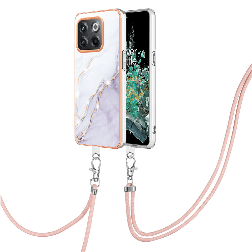 For OnePlus 10T 5G / Ace Pro 5G YB IMD Series-9 Marble Pattern Scratch-Resistant Case Electroplating Frame Soft TPU IMD Phone Cover with Lanyard