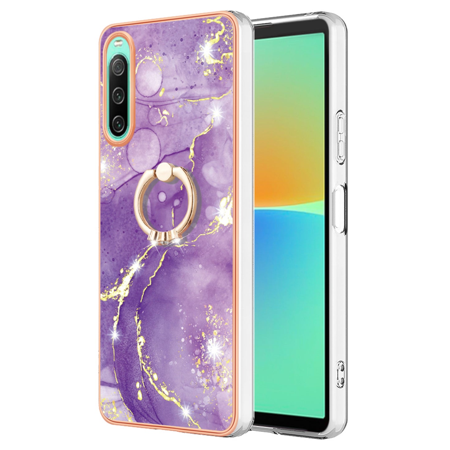 For Sony Xperia 10 IV 5G YB IMD Series-10 Ring Kickstand IMD Marble Pattern Phone Case Electroplating Frame TPU Anti-drop Cover