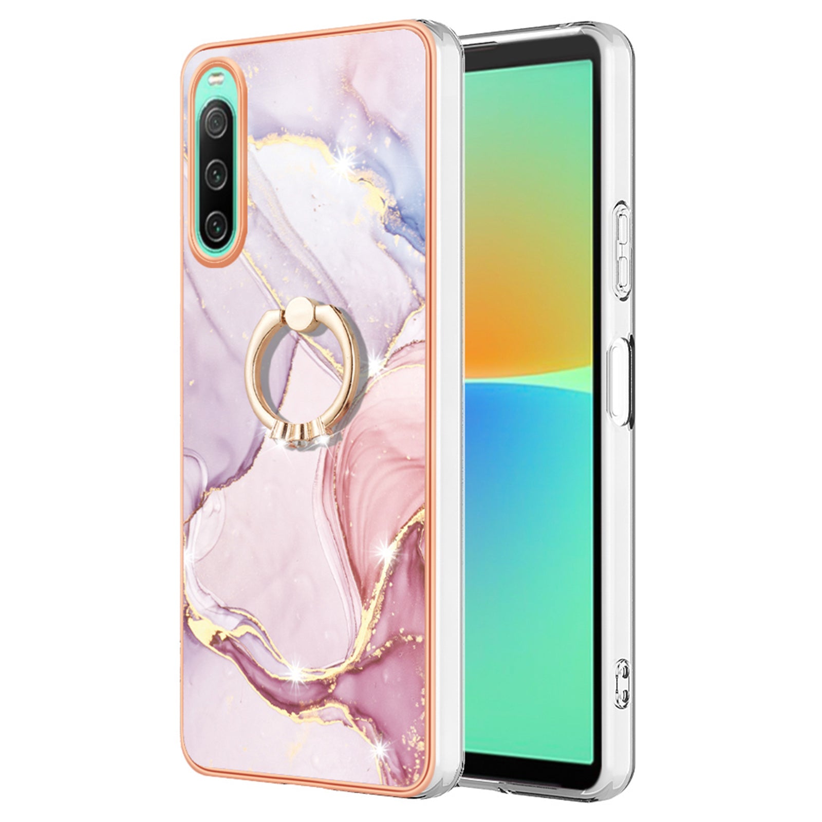 For Sony Xperia 10 IV 5G YB IMD Series-10 Ring Kickstand IMD Marble Pattern Phone Case Electroplating Frame TPU Anti-drop Cover