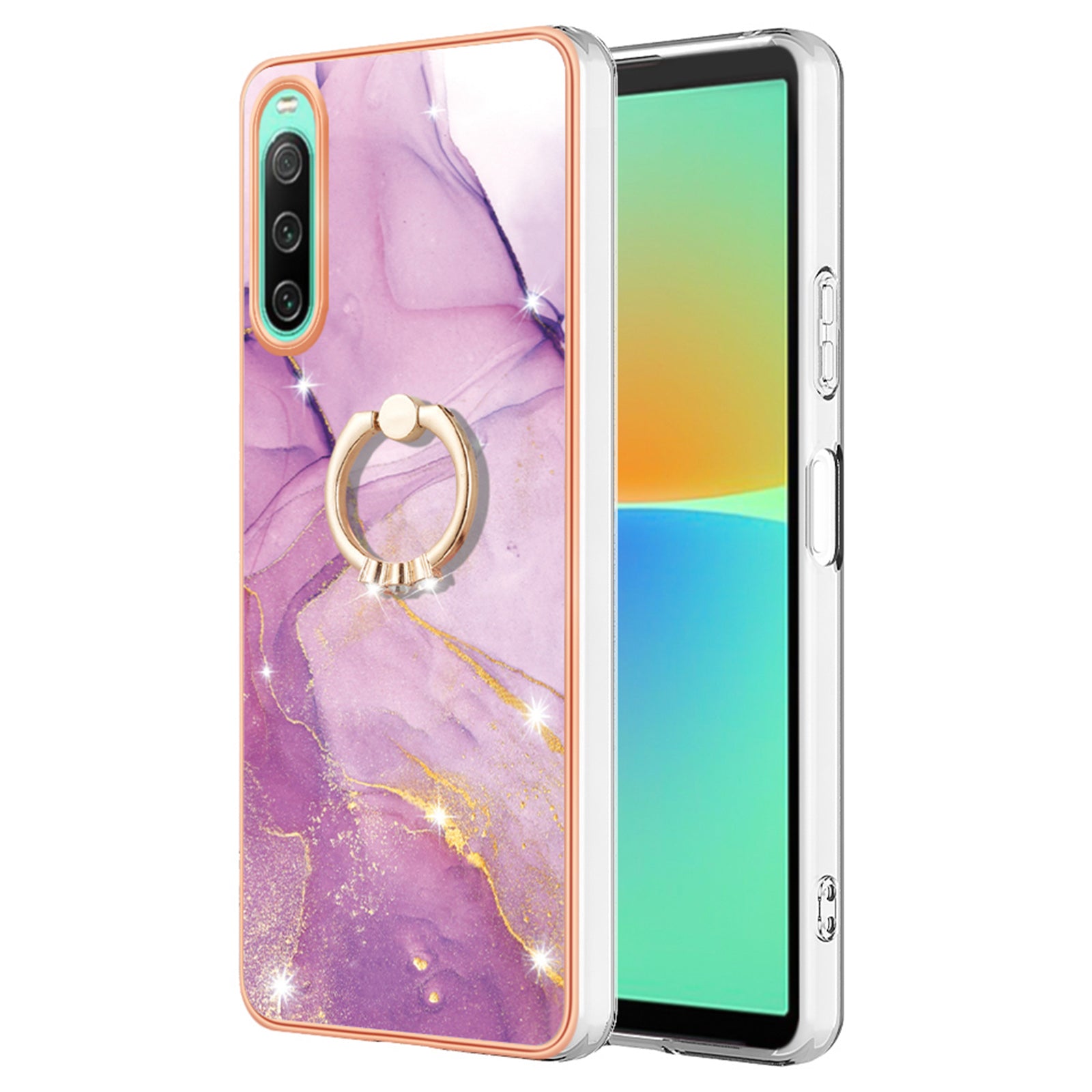 For Sony Xperia 10 IV 5G YB IMD Series-10 Ring Kickstand IMD Marble Pattern Phone Case Electroplating Frame TPU Anti-drop Cover