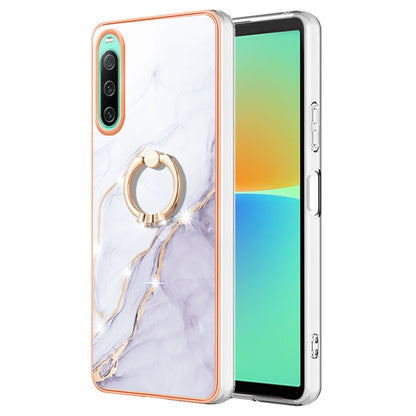 For Sony Xperia 10 IV 5G YB IMD Series-10 Ring Kickstand IMD Marble Pattern Phone Case Electroplating Frame TPU Anti-drop Cover