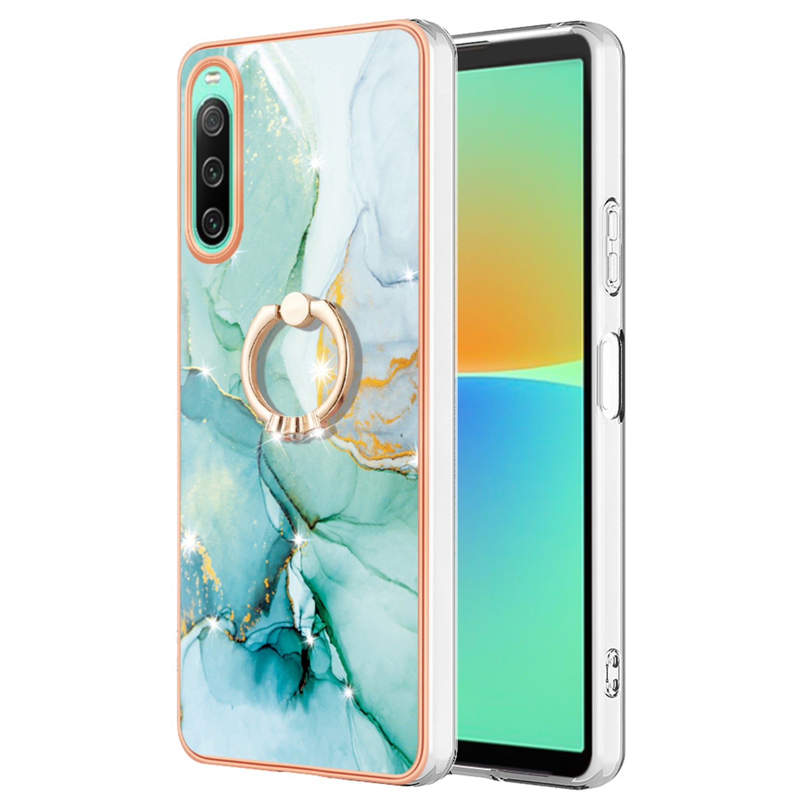 For Sony Xperia 10 IV 5G YB IMD Series-10 Ring Kickstand IMD Marble Pattern Phone Case Electroplating Frame TPU Anti-drop Cover
