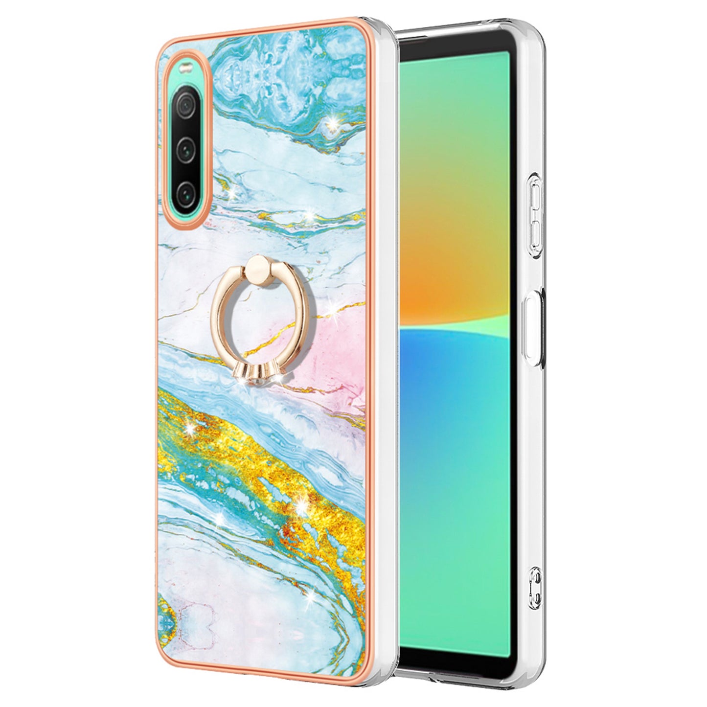 For Sony Xperia 10 IV 5G YB IMD Series-10 Ring Kickstand IMD Marble Pattern Phone Case Electroplating Frame TPU Anti-drop Cover