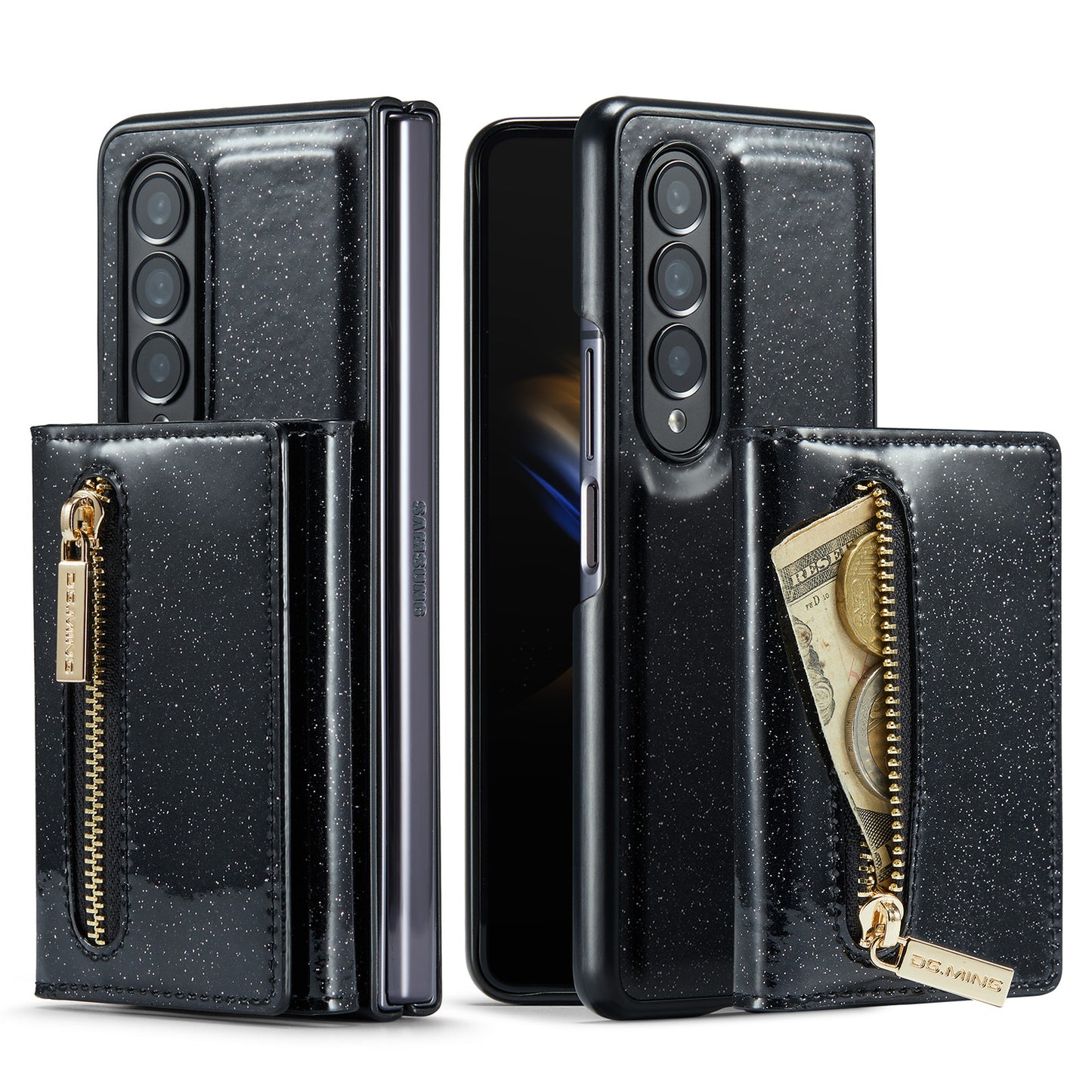 DG.MING M3 Series For Samsung Galaxy Z Fold3 5G 2-in-1 Glittery PU Leather Coated PC+TPU Anti-collision Back Case Magnetic Detachable Zipper Wallet Phone Cover with Kickstand