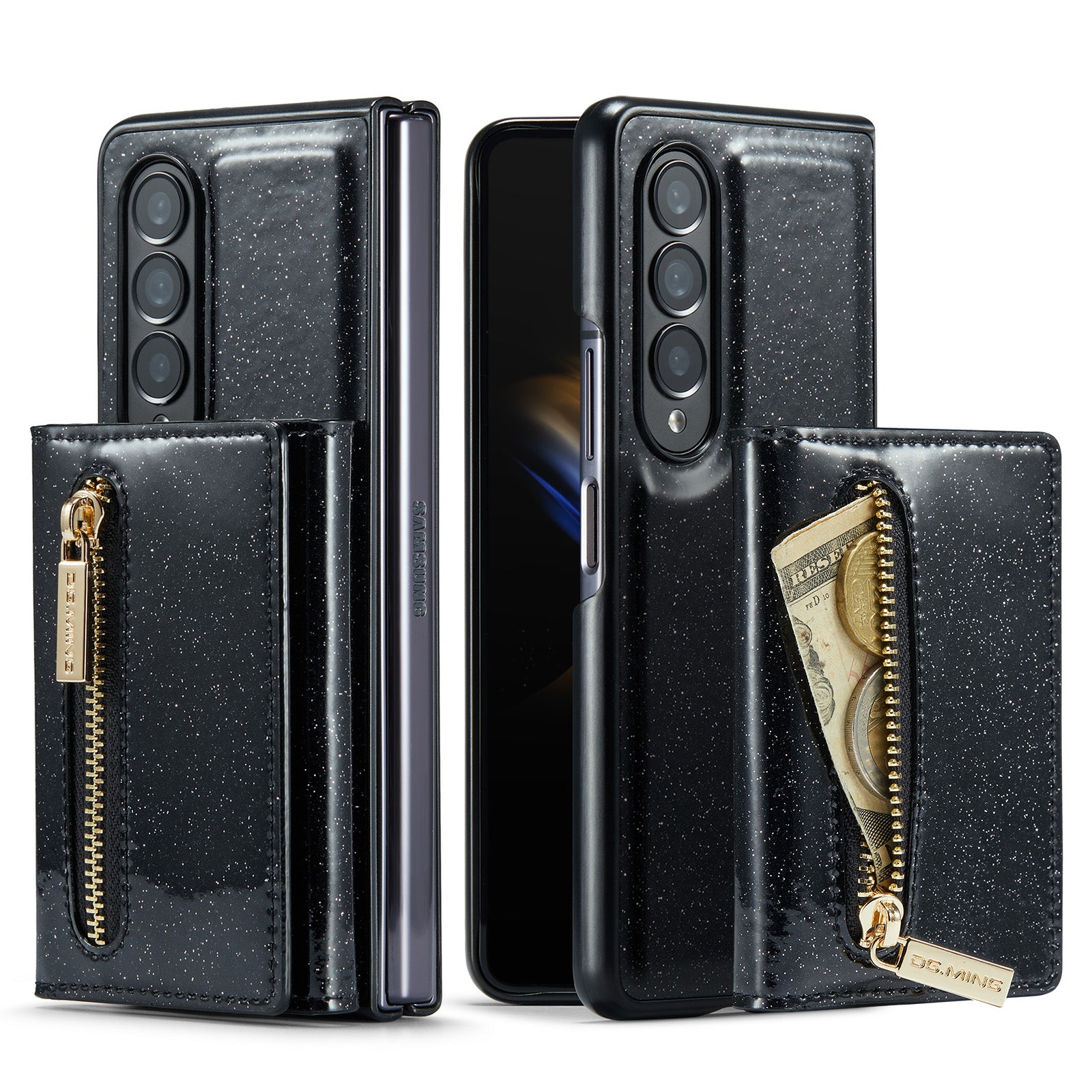 DG.MING M3 Series For Samsung Galaxy Z Fold3 5G 2-in-1 Glittery PU Leather Coated PC+TPU Anti-collision Back Case Magnetic Detachable Zipper Wallet Phone Cover with Kickstand