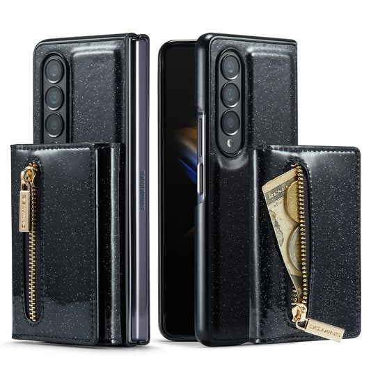 DG.MING M3 Series For Samsung Galaxy Z Fold3 5G 2-in-1 Glittery PU Leather Coated PC+TPU Anti-collision Back Case Magnetic Detachable Zipper Wallet Phone Cover with Kickstand