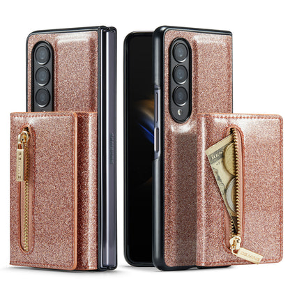 DG.MING M3 Series For Samsung Galaxy Z Fold3 5G 2-in-1 Glittery PU Leather Coated PC+TPU Anti-collision Back Case Magnetic Detachable Zipper Wallet Phone Cover with Kickstand