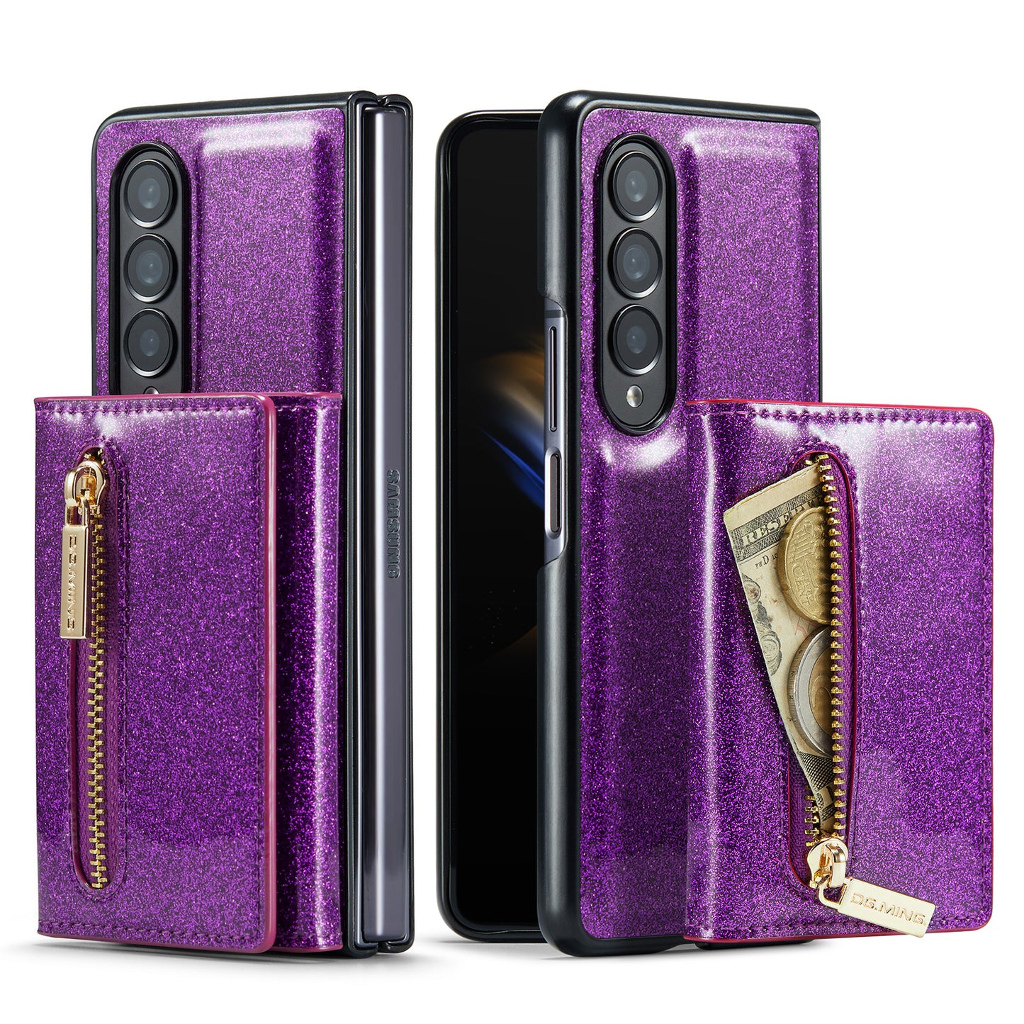 DG.MING M3 Series For Samsung Galaxy Z Fold3 5G 2-in-1 Glittery PU Leather Coated PC+TPU Anti-collision Back Case Magnetic Detachable Zipper Wallet Phone Cover with Kickstand