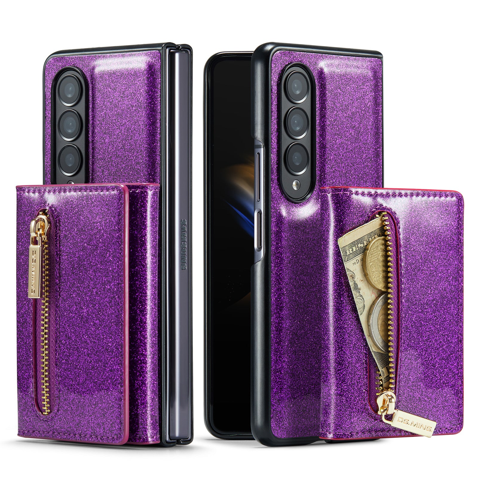 DG.MING M3 Series For Samsung Galaxy Z Fold3 5G 2-in-1 Glittery PU Leather Coated PC+TPU Anti-collision Back Case Magnetic Detachable Zipper Wallet Phone Cover with Kickstand