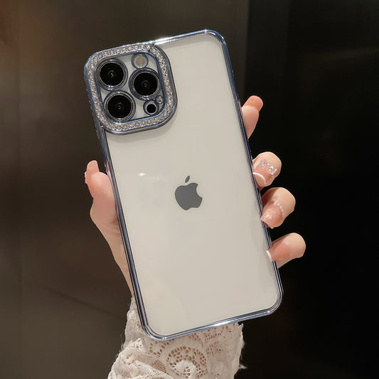 Rhinestone Decor Electroplating Case for iPhone 14 Pro, Transparent TPU Phone Cover with Precise Cutout PET Lens Protector