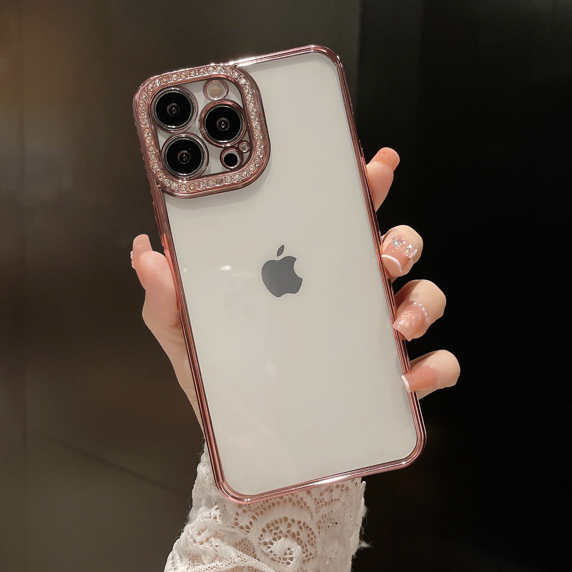 Rhinestone Decor Electroplating Case for iPhone 14 Pro, Transparent TPU Phone Cover with Precise Cutout PET Lens Protector