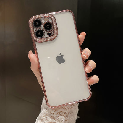 Rhinestone Decor Electroplating Case for iPhone 14 Pro, Transparent TPU Phone Cover with Precise Cutout PET Lens Protector