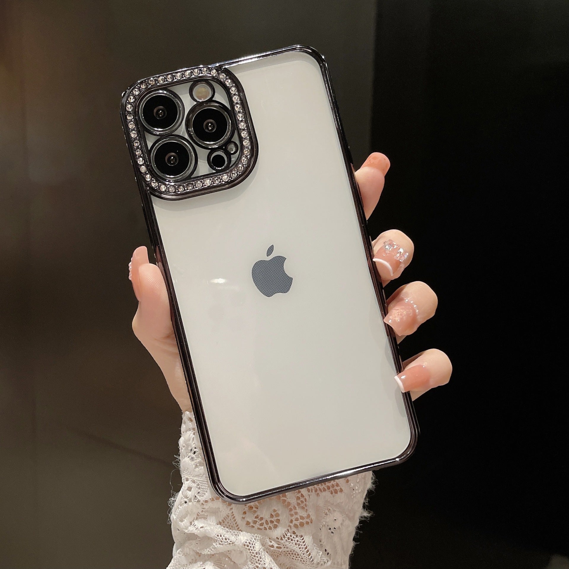 Rhinestone Decor Electroplating Case for iPhone 14 Pro, Transparent TPU Phone Cover with Precise Cutout PET Lens Protector