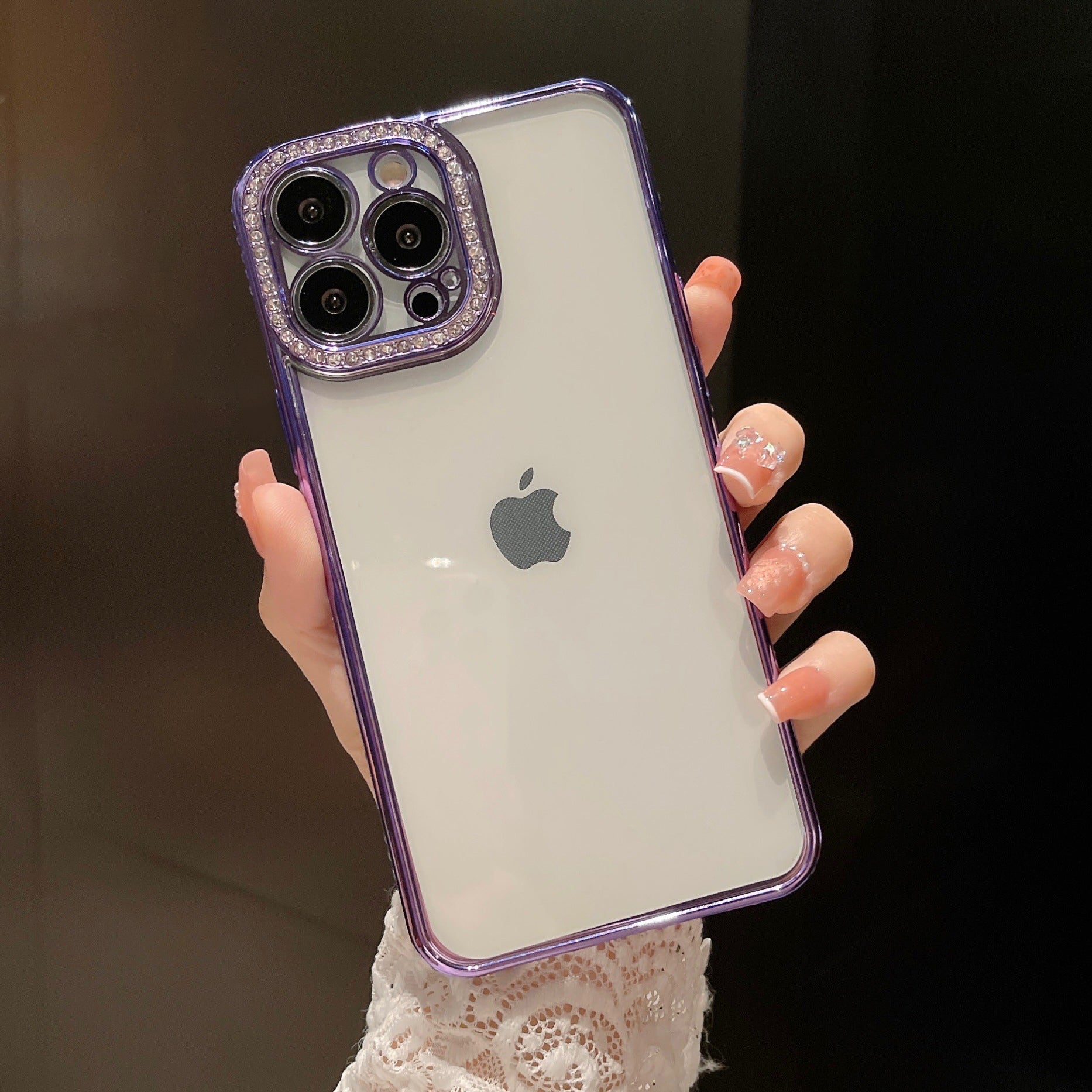 Rhinestone Decor Electroplating Case for iPhone 14 Pro, Transparent TPU Phone Cover with Precise Cutout PET Lens Protector