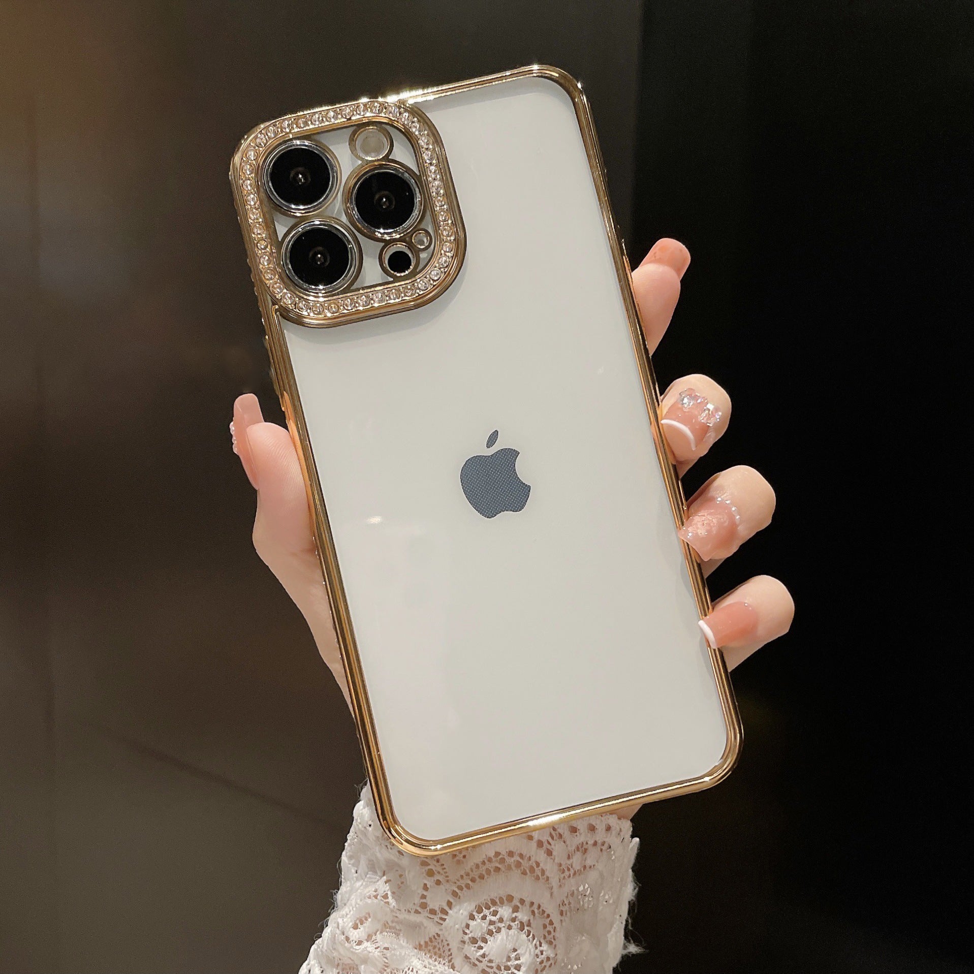 Rhinestone Decor Electroplating Case for iPhone 14 Pro, Transparent TPU Phone Cover with Precise Cutout PET Lens Protector