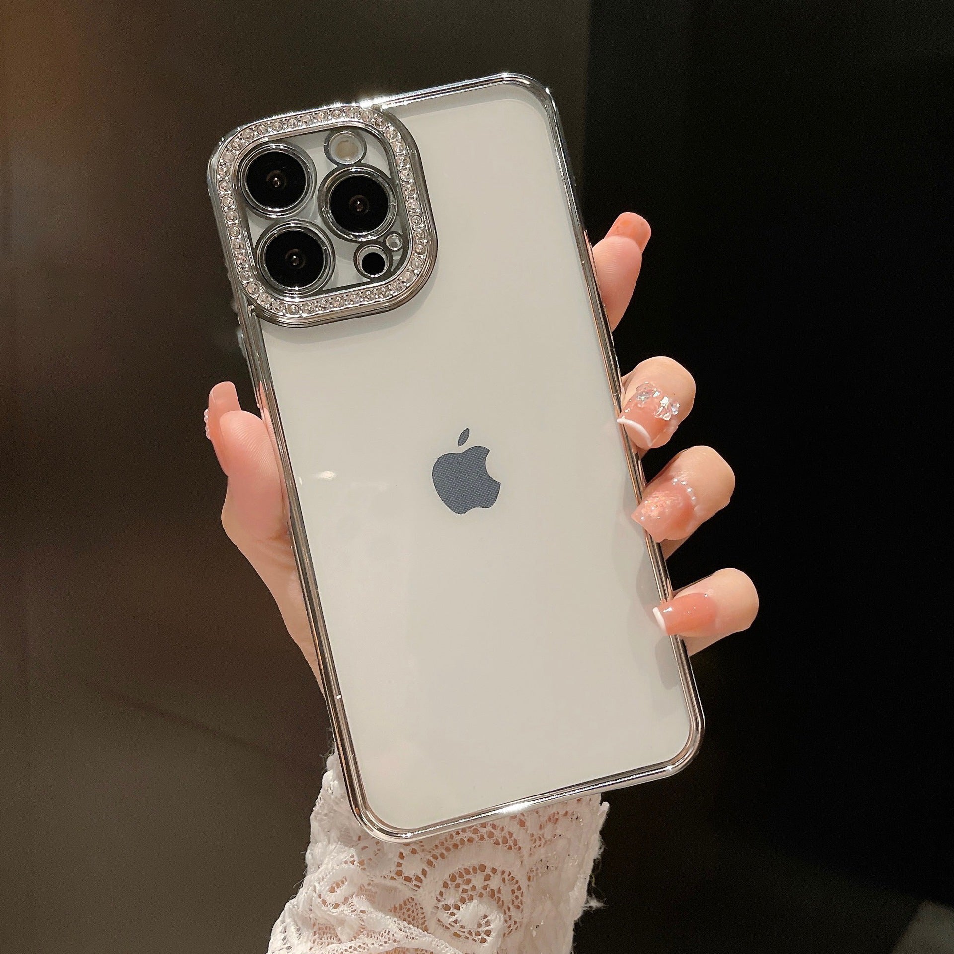 Rhinestone Decor Electroplating Case for iPhone 14 Pro, Transparent TPU Phone Cover with Precise Cutout PET Lens Protector