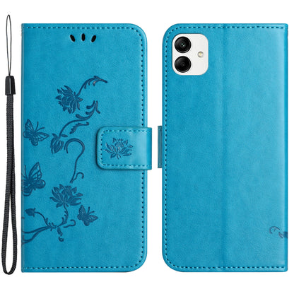 For Samsung Galaxy A04e 4G PU Leather Flip Phone Cover Imprinted Butterfly Flower Pattern Stand Magnetic Wallet Folio Case with Strap