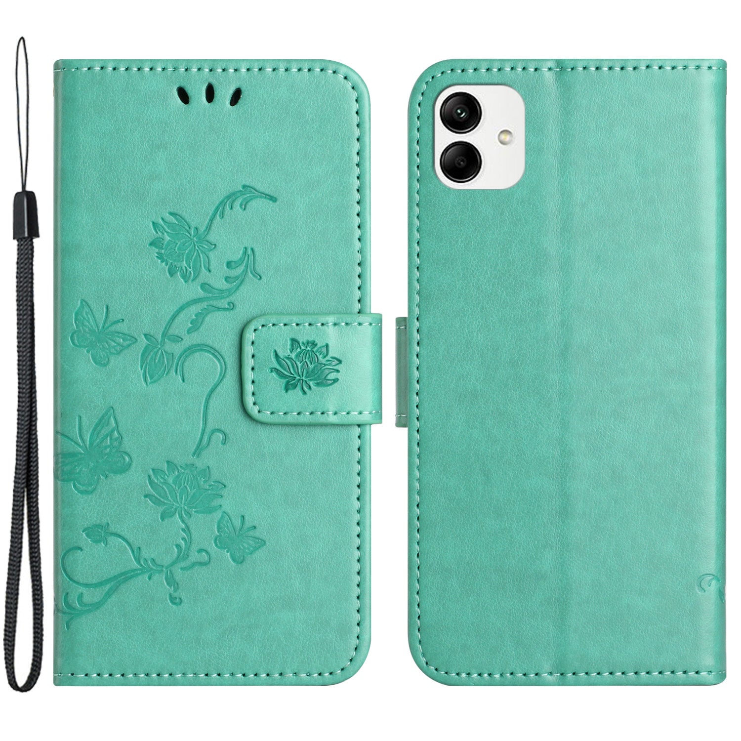 For Samsung Galaxy A04e 4G PU Leather Flip Phone Cover Imprinted Butterfly Flower Pattern Stand Magnetic Wallet Folio Case with Strap