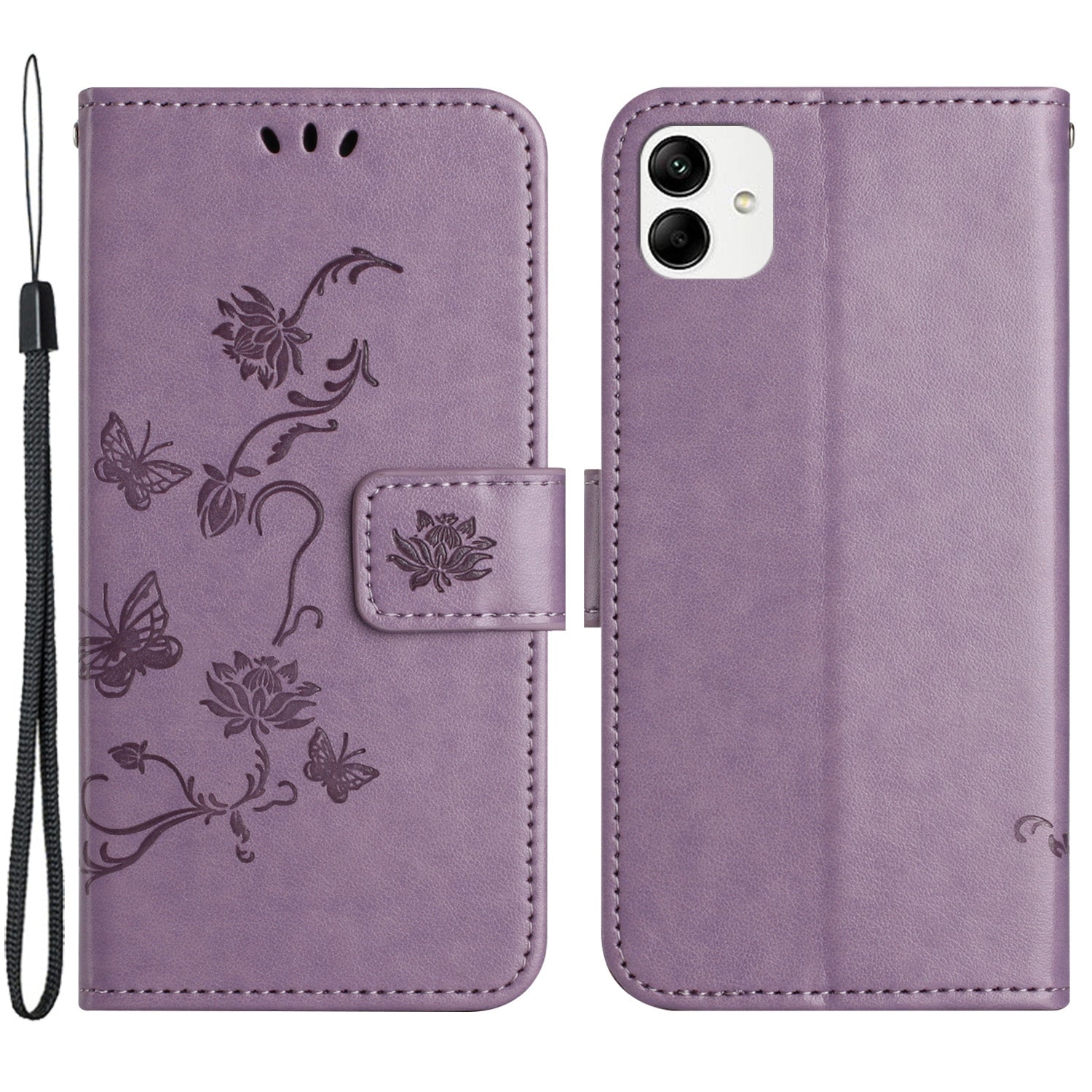 For Samsung Galaxy A04e 4G PU Leather Flip Phone Cover Imprinted Butterfly Flower Pattern Stand Magnetic Wallet Folio Case with Strap