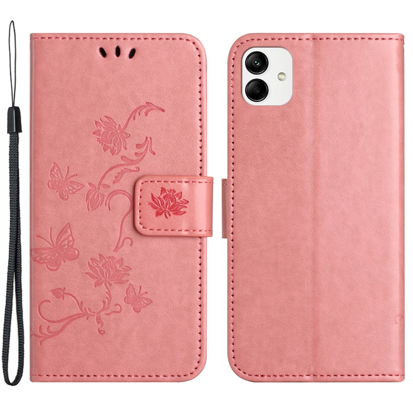 For Samsung Galaxy A04e 4G PU Leather Flip Phone Cover Imprinted Butterfly Flower Pattern Stand Magnetic Wallet Folio Case with Strap
