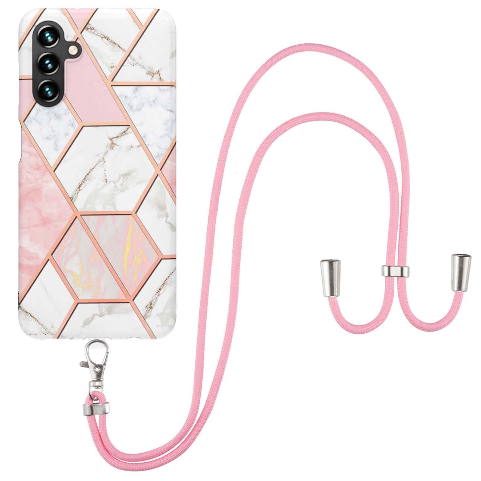 YB IMD Series-5 For Samsung Galaxy A34 5G Bump Proof IML IMD Electroplating Splicing Marble Pattern TPU Phone Case Back Cover with Lanyard