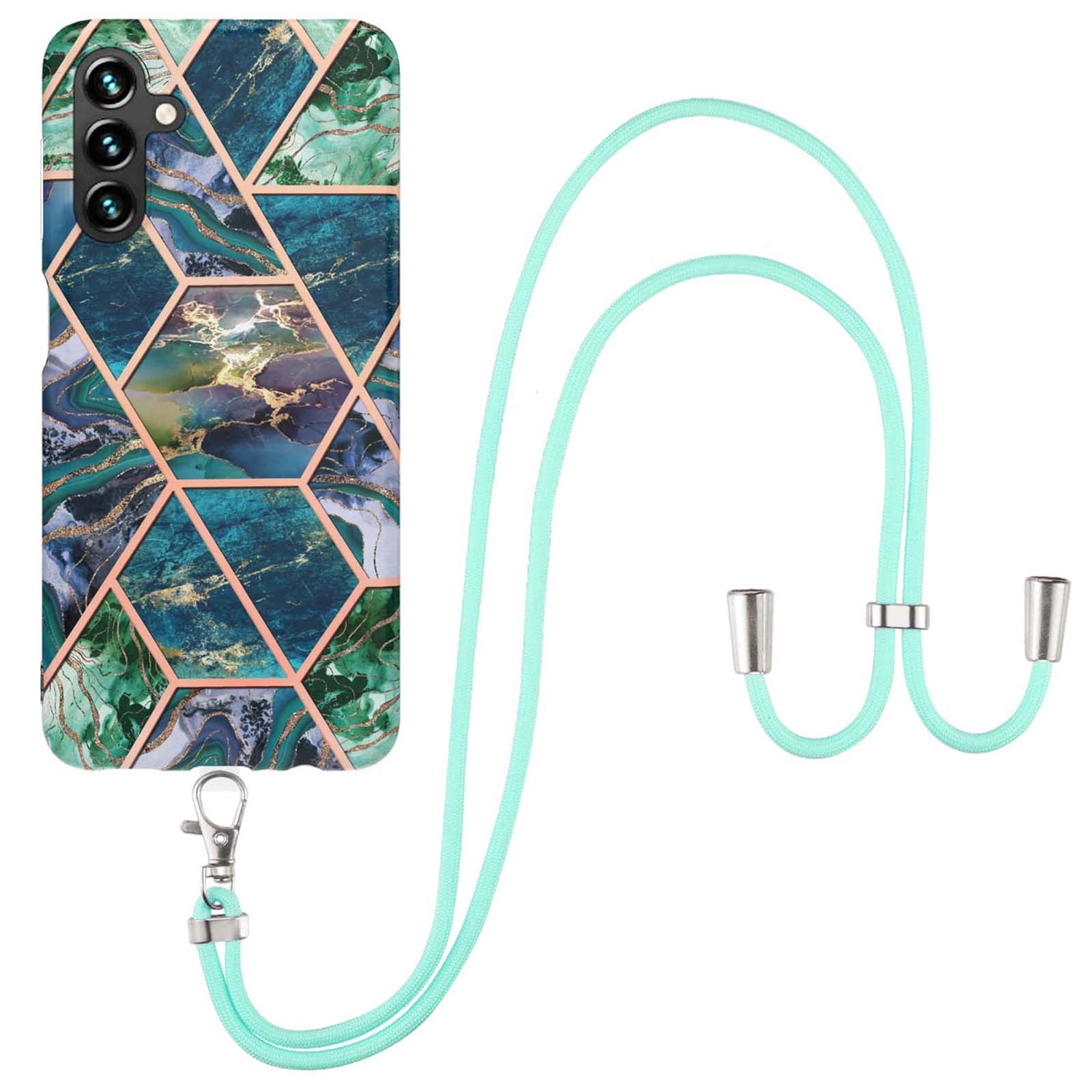 YB IMD Series-5 For Samsung Galaxy A34 5G Bump Proof IML IMD Electroplating Splicing Marble Pattern TPU Phone Case Back Cover with Lanyard