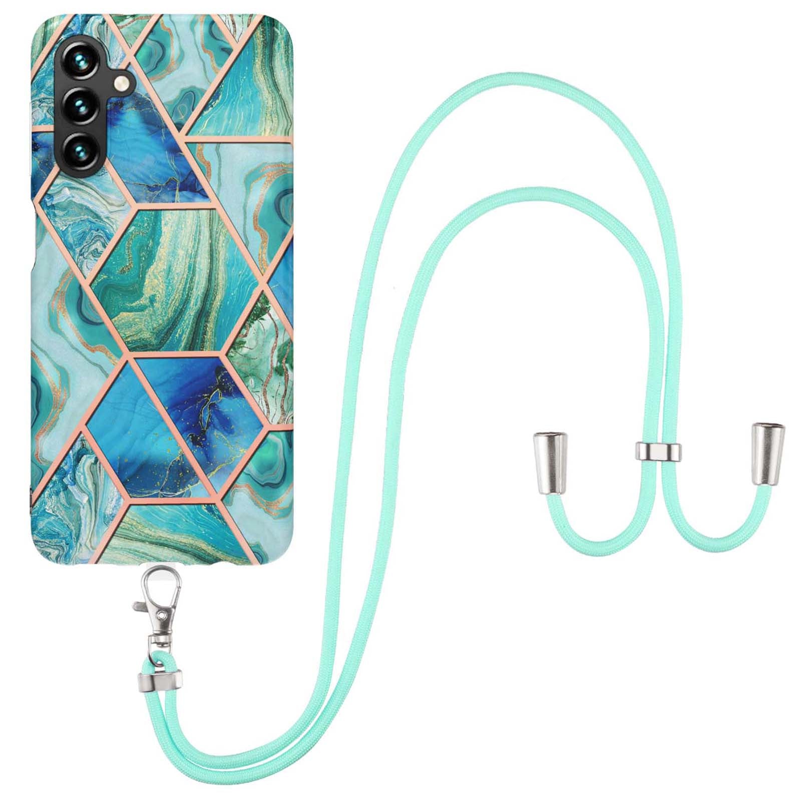 YB IMD Series-5 For Samsung Galaxy A34 5G Bump Proof IML IMD Electroplating Splicing Marble Pattern TPU Phone Case Back Cover with Lanyard