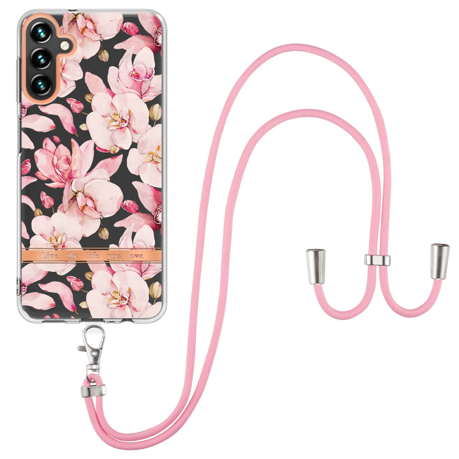 YB IMD-11 Series for Samsung Galaxy A34 5G Anti-drop Flower Pattern IMD IML Electroplating TPU Case Anti-scratch Phone Back Cover with Lanyard
