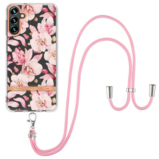 YB IMD-11 Series for Samsung Galaxy A34 5G Anti-drop Flower Pattern IMD IML Electroplating TPU Case Anti-scratch Phone Back Cover with Lanyard