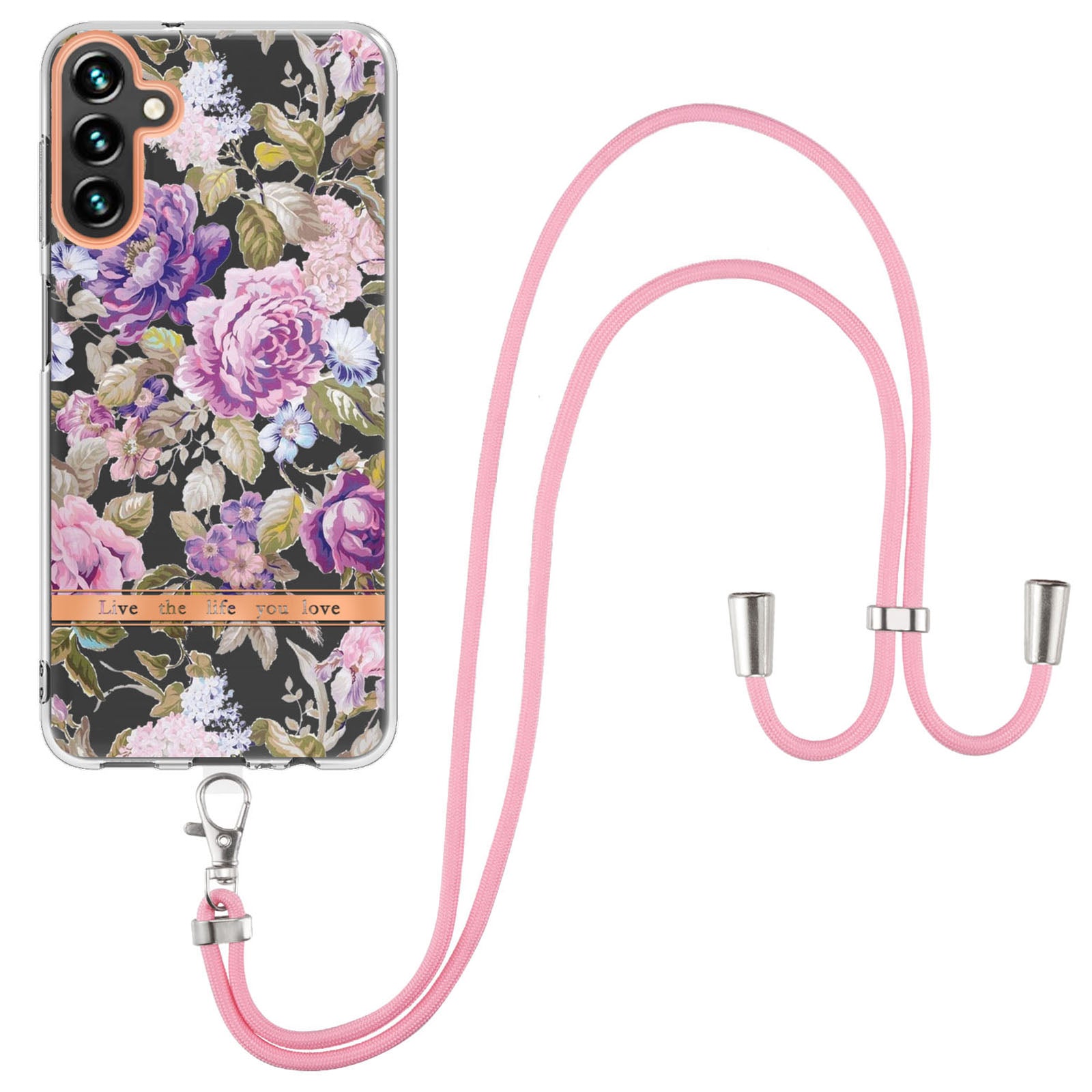 YB IMD-11 Series for Samsung Galaxy A34 5G Anti-drop Flower Pattern IMD IML Electroplating TPU Case Anti-scratch Phone Back Cover with Lanyard