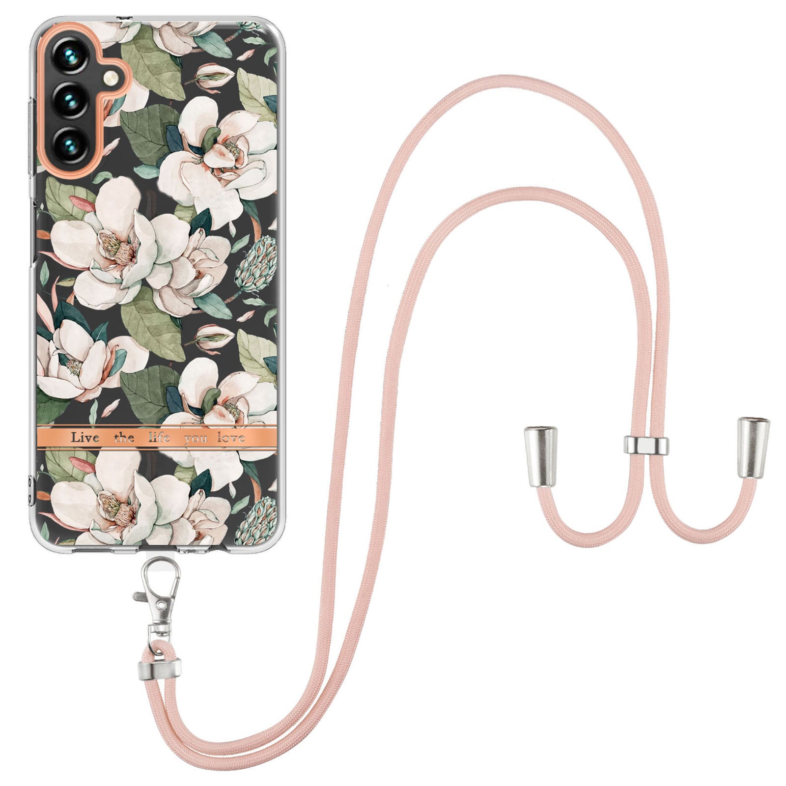 YB IMD-11 Series for Samsung Galaxy A34 5G Anti-drop Flower Pattern IMD IML Electroplating TPU Case Anti-scratch Phone Back Cover with Lanyard