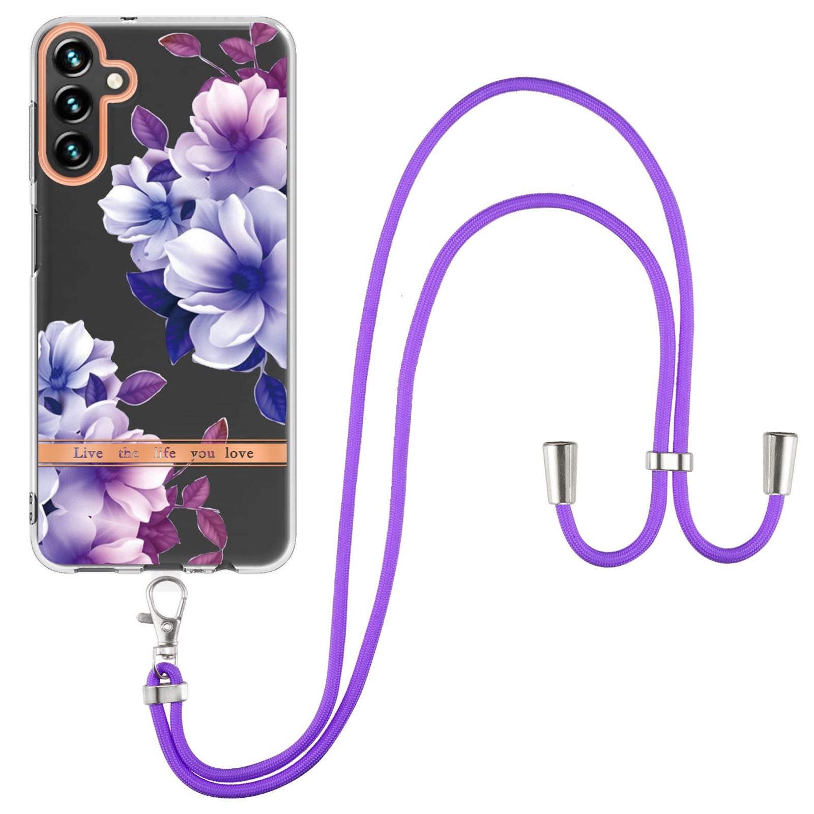YB IMD-11 Series for Samsung Galaxy A34 5G Anti-drop Flower Pattern IMD IML Electroplating TPU Case Anti-scratch Phone Back Cover with Lanyard