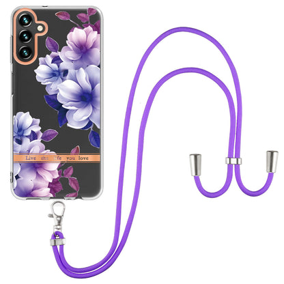 YB IMD-11 Series for Samsung Galaxy A34 5G Anti-drop Flower Pattern IMD IML Electroplating TPU Case Anti-scratch Phone Back Cover with Lanyard