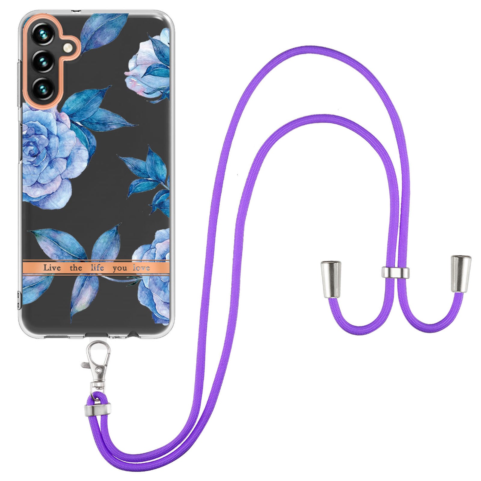 YB IMD-11 Series for Samsung Galaxy A34 5G Anti-drop Flower Pattern IMD IML Electroplating TPU Case Anti-scratch Phone Back Cover with Lanyard