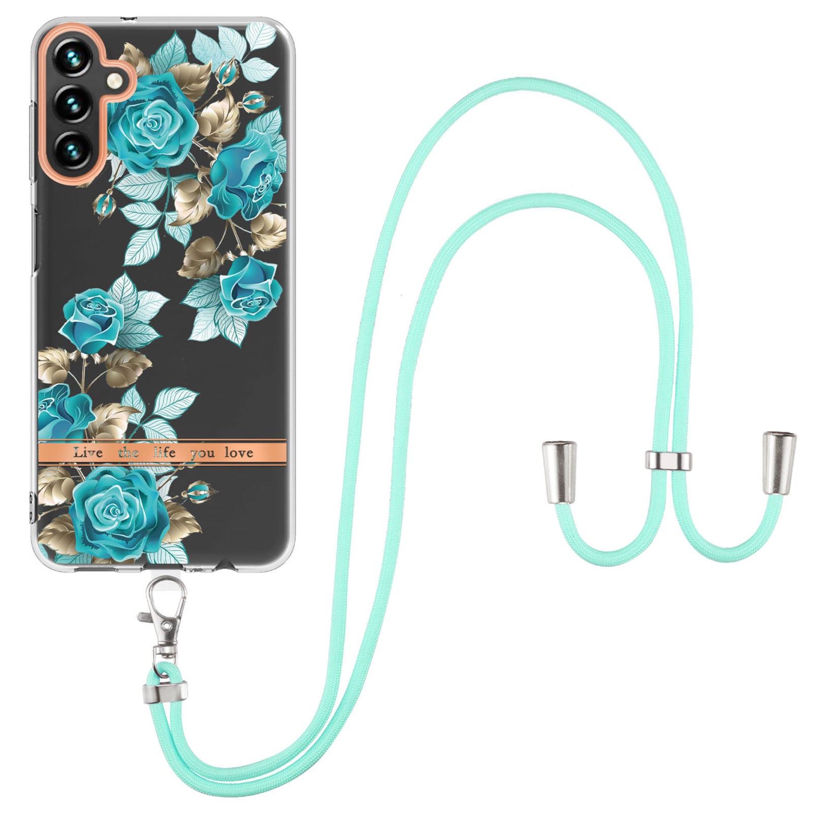 YB IMD-11 Series for Samsung Galaxy A34 5G Anti-drop Flower Pattern IMD IML Electroplating TPU Case Anti-scratch Phone Back Cover with Lanyard