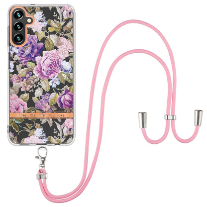YB IMD-11 Series for Samsung Galaxy A54 5G Flower Pattern IMD IML Electroplating TPU Case Bump Proof Phone Back Cover with Lanyard
