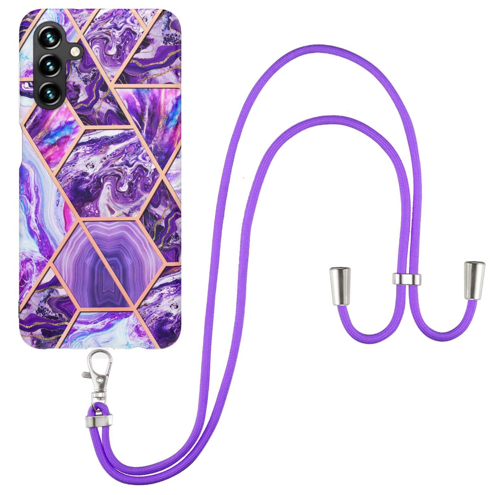 YB IMD Series-5 Back Cover for Samsung Galaxy A54 5G, IML IMD Electroplating Splicing Marble Pattern TPU Phone Case with Lanyard