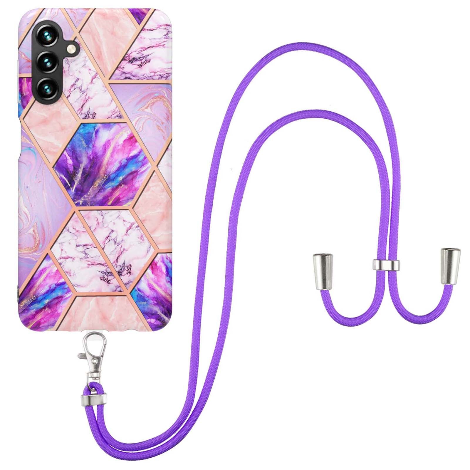 YB IMD Series-5 Back Cover for Samsung Galaxy A54 5G, IML IMD Electroplating Splicing Marble Pattern TPU Phone Case with Lanyard