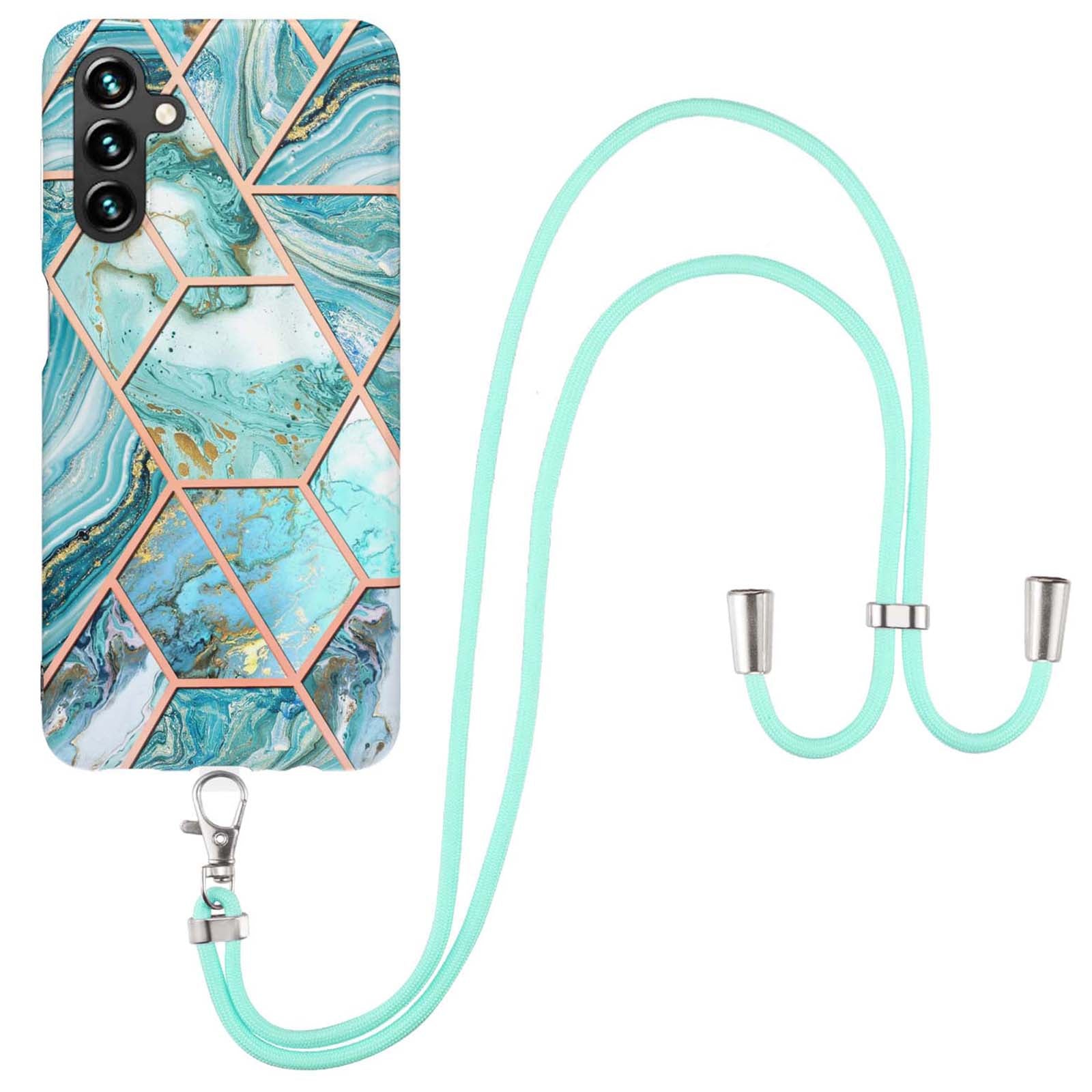 YB IMD Series-5 Back Cover for Samsung Galaxy A54 5G, IML IMD Electroplating Splicing Marble Pattern TPU Phone Case with Lanyard