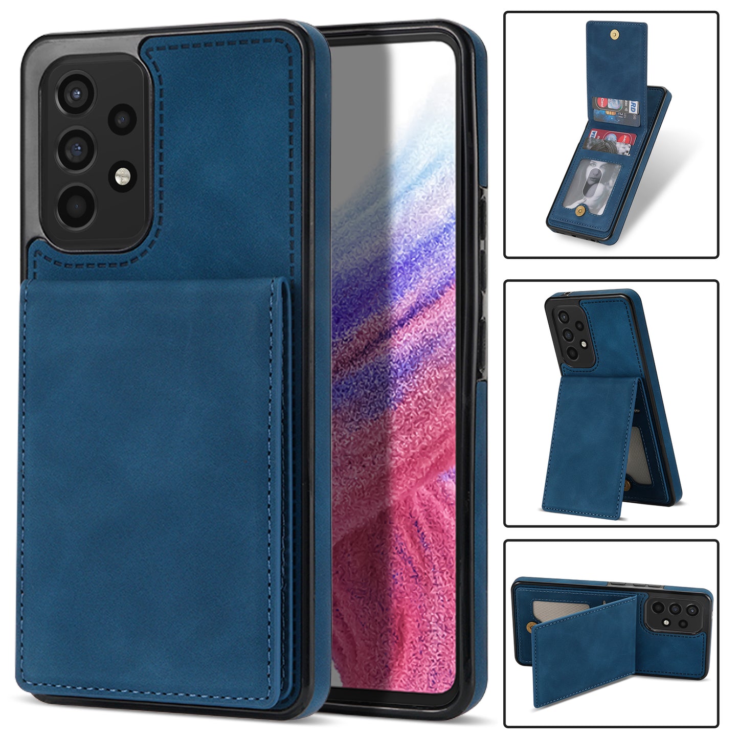 Solid Color Phone Case for Samsung Galaxy A53 5G, Kickstand Design Bump Proof Back Cover RFID Blocking Multiple Card Slots Vertical Flip PU Leather Coated TPU Shell