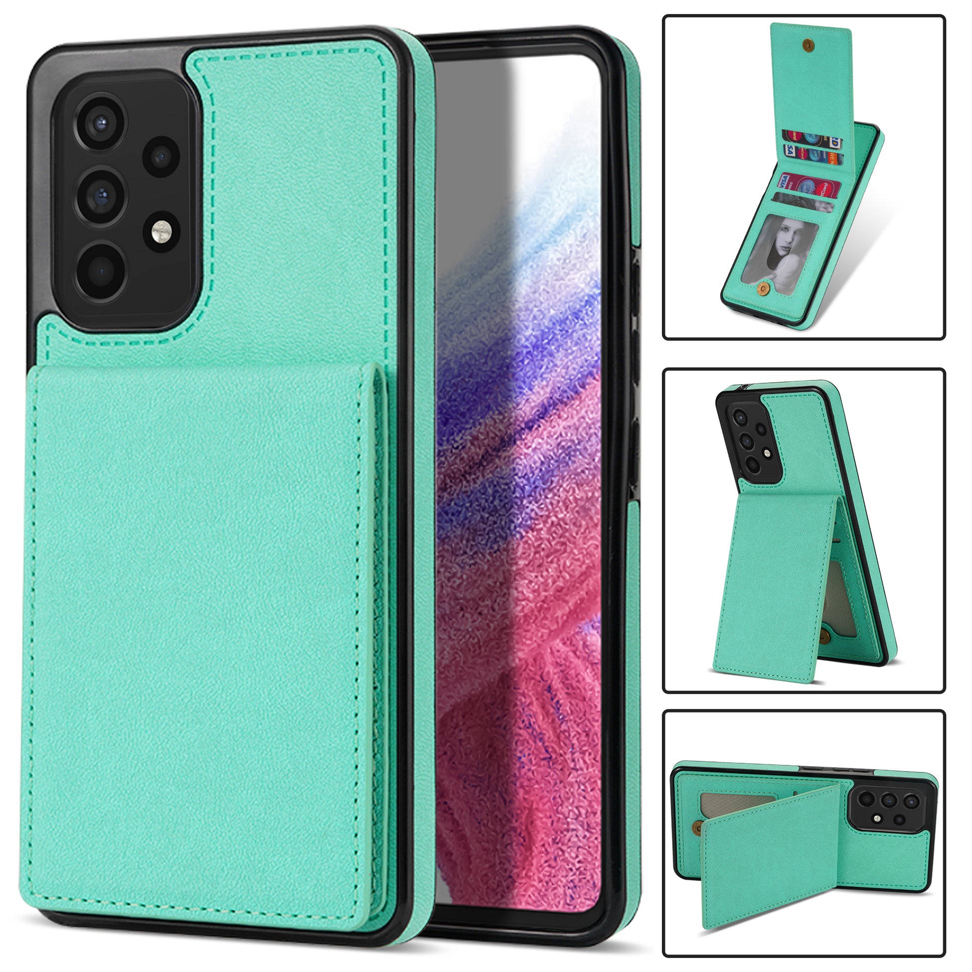 Solid Color Phone Case for Samsung Galaxy A53 5G, Kickstand Design Bump Proof Back Cover RFID Blocking Multiple Card Slots Vertical Flip PU Leather Coated TPU Shell
