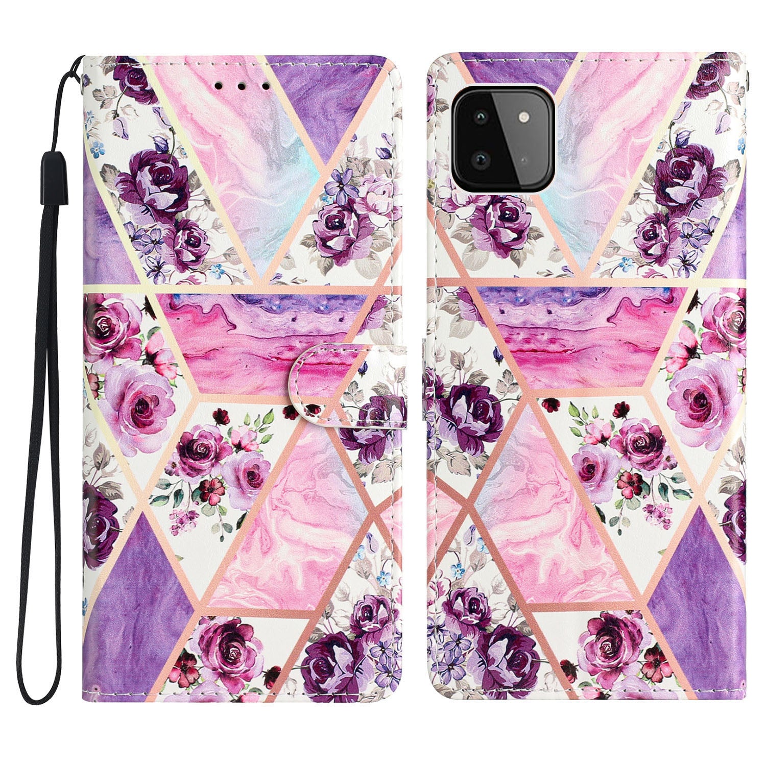 For Samsung Galaxy A22 5G (EU Version) PU Leather Magnetic Closure Pattern Printing Phone Case Stand Function Wallet Style Flip Cover with Strap