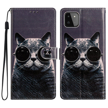 For Samsung Galaxy A22 5G (EU Version) PU Leather Magnetic Closure Pattern Printing Phone Case Stand Function Wallet Style Flip Cover with Strap