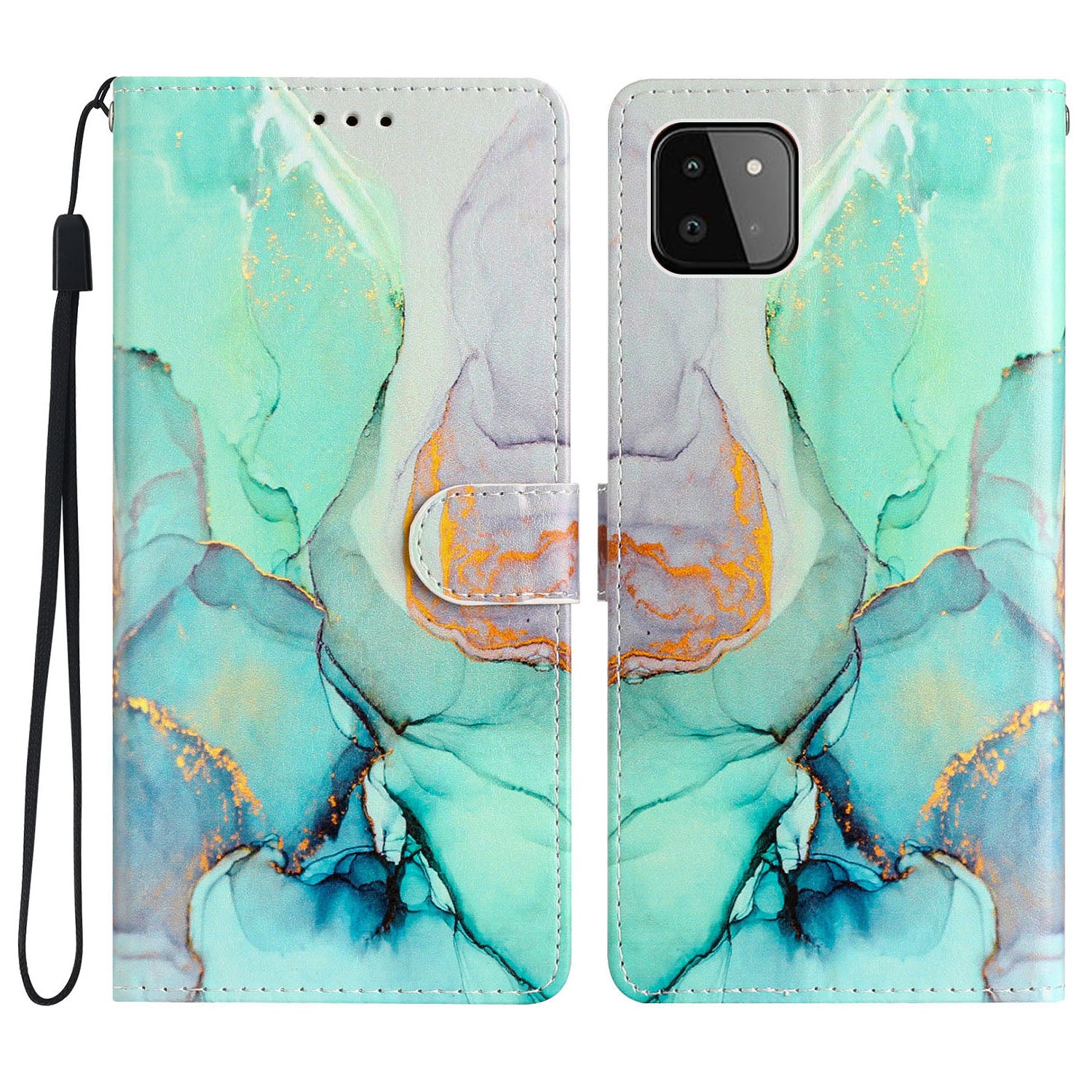 For Samsung Galaxy A22 5G (EU Version) PU Leather Magnetic Closure Pattern Printing Phone Case Stand Function Wallet Style Flip Cover with Strap