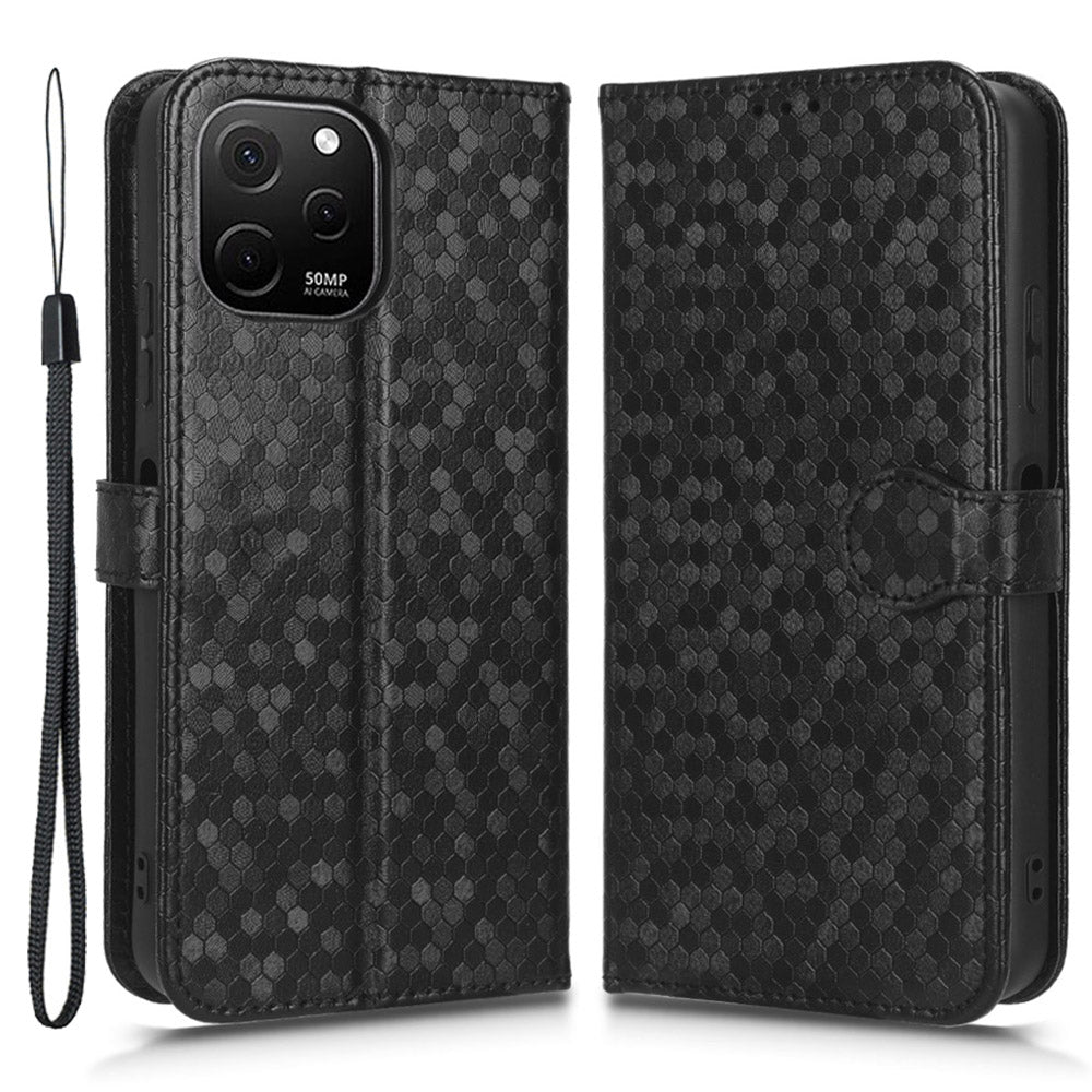 For Huawei nova Y61 4G Dot Pattern Imprinted Phone Cover PU Leather Shockproof Wallet Stand Cover with Strap
