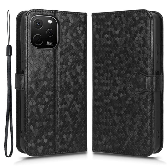 For Huawei nova Y61 4G Dot Pattern Imprinted Phone Cover PU Leather Shockproof Wallet Stand Cover with Strap