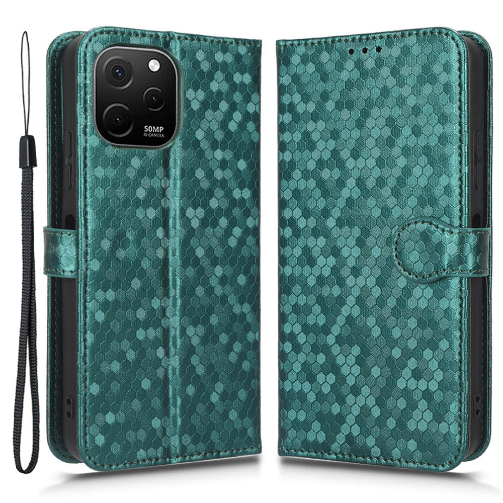 For Huawei nova Y61 4G Dot Pattern Imprinted Phone Cover PU Leather Shockproof Wallet Stand Cover with Strap