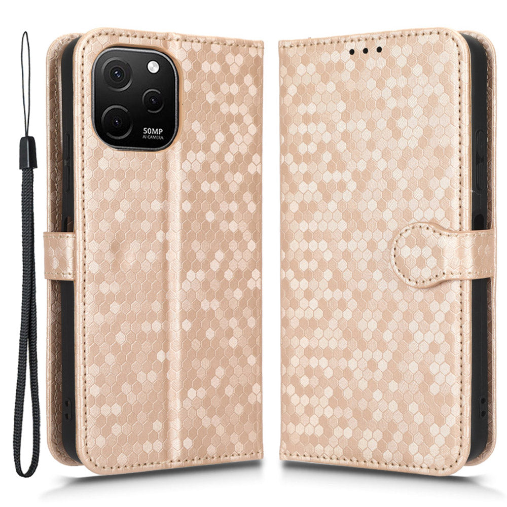 For Huawei nova Y61 4G Dot Pattern Imprinted Phone Cover PU Leather Shockproof Wallet Stand Cover with Strap