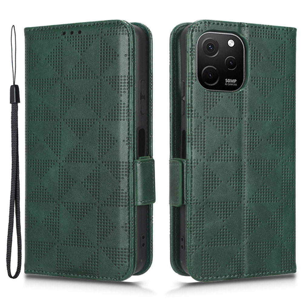 For Huawei nova Y61 4G PU Leather Stand Case Imprinted Triangle Pattern Magnetic Clasp Phone Wallet Cover with Hand Strap
